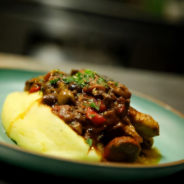 A bar-and-grill dish with mashed potatoes and a rich stew of meat and vegetables.