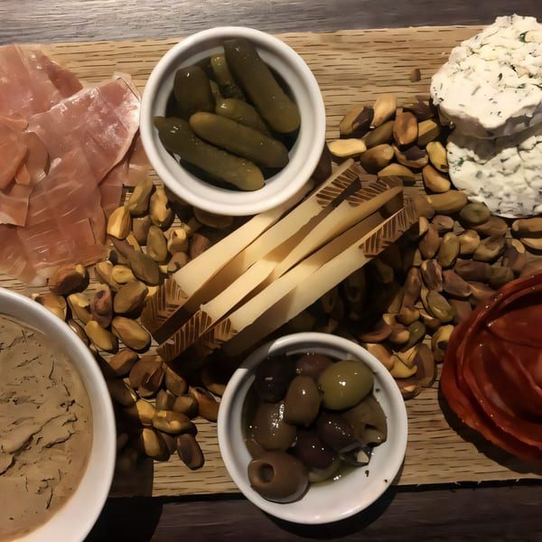 A charcuterie board with prosciutto, pickles, cheese, olives, pâté, and pistachios.